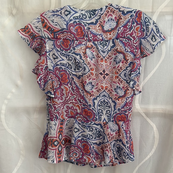 Nanette Lepore Blue & Pink Print, Flutter sleeve, V Neck, Button Down Top, XS - Picture 3 of 4